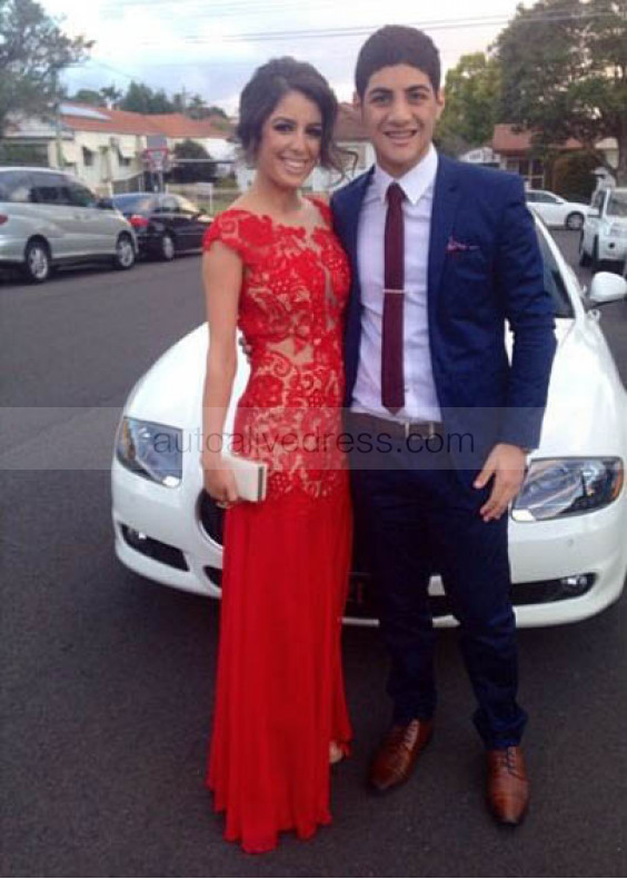 Red Lace Chiffon Backless Long Prom Dress 